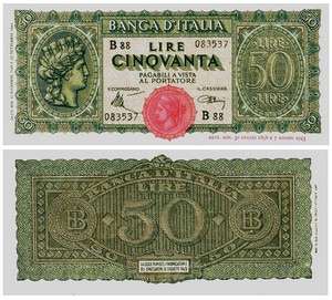 Banconota 50 Lire "Italia Turrita" -  Regno d'Italia - 1944 