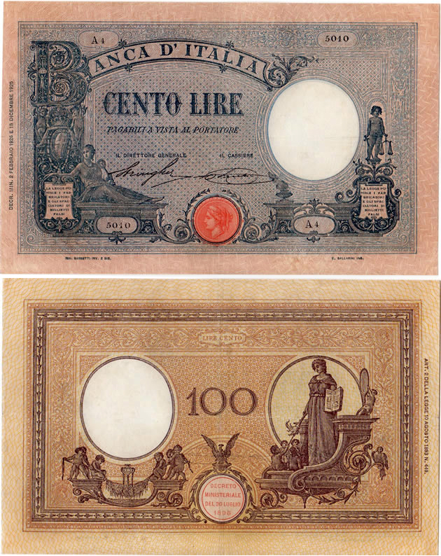Banconota 100 Lire "Azzurrino (Decreto)" -  Regno d'Italia - 1926 
