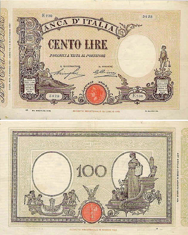 Banconota 100 Lire "Matrice (Fascio)" -  Regno d'Italia - 1926 