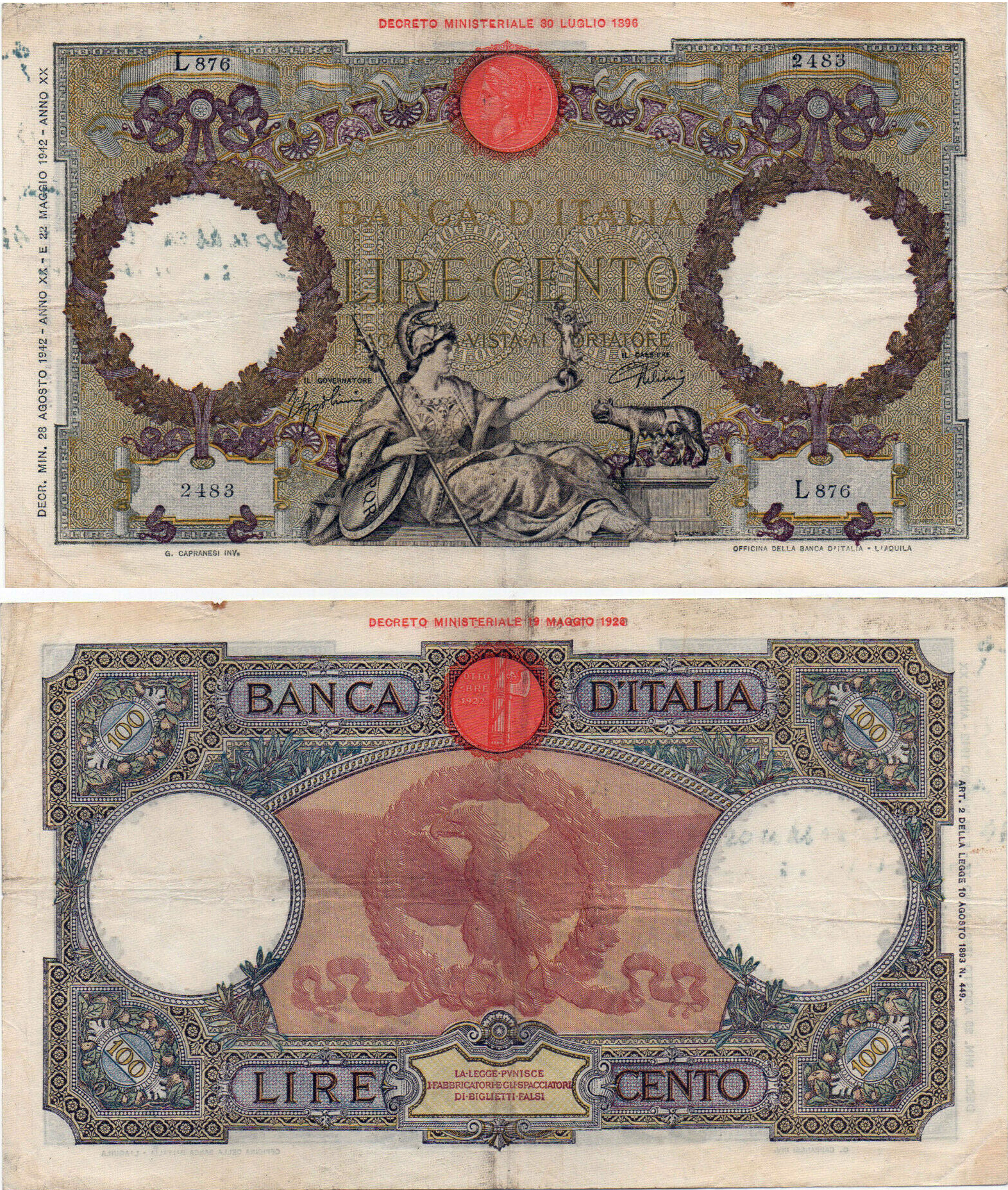Banconota 100 Lire "Roma Guerriera (Fascio) Roma" -  Regno d'Italia - 1938 