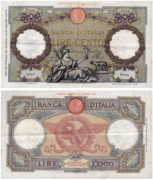 Banconota 100 Lire "Roma Guerriera (Fascio) Roma" -  Regno d'Italia - 1940 