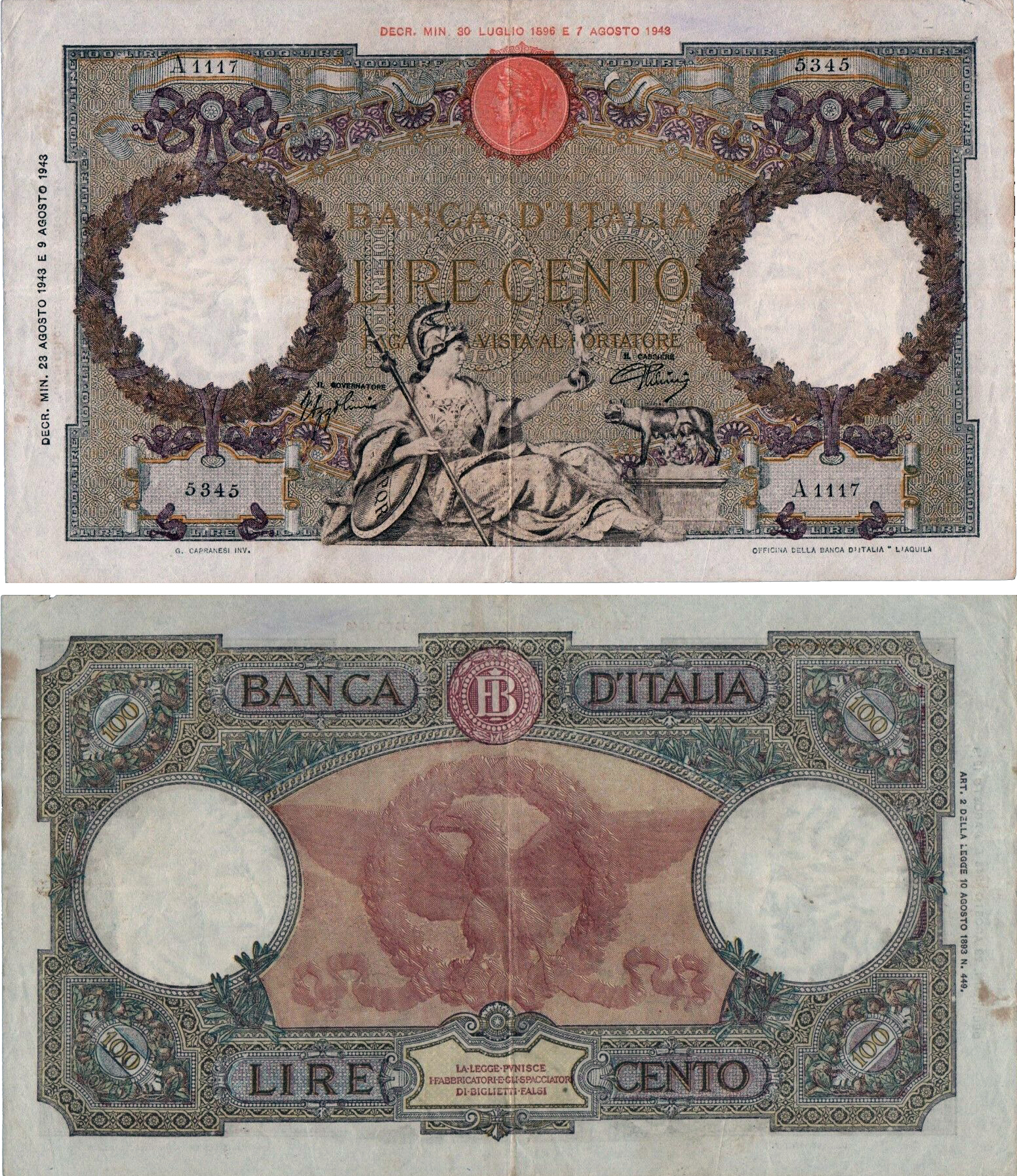 Banconota 100 Lire "Roma Guerriera (B.I.)" -  Regno d'Italia - 1943 
