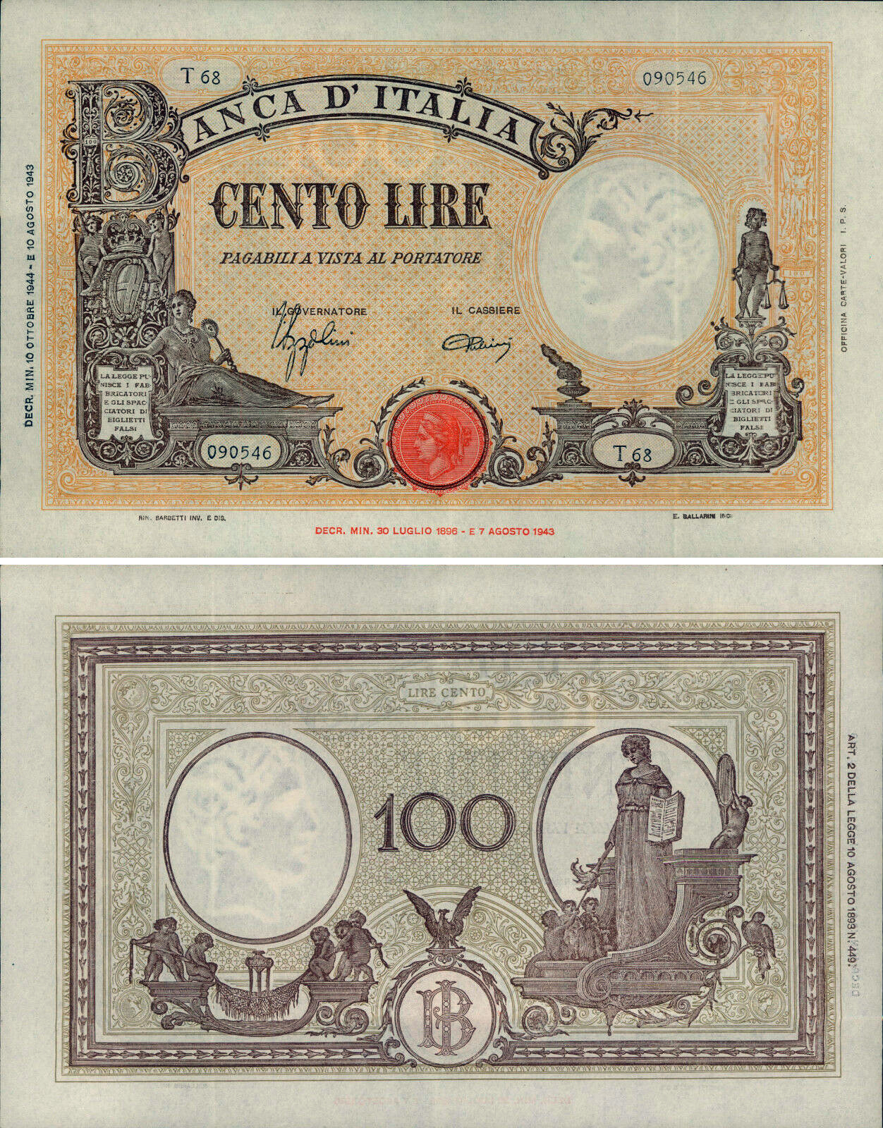 Banconota 100 Lire "Grande "B" (B.I.) -  Regno d'Italia - 1944 