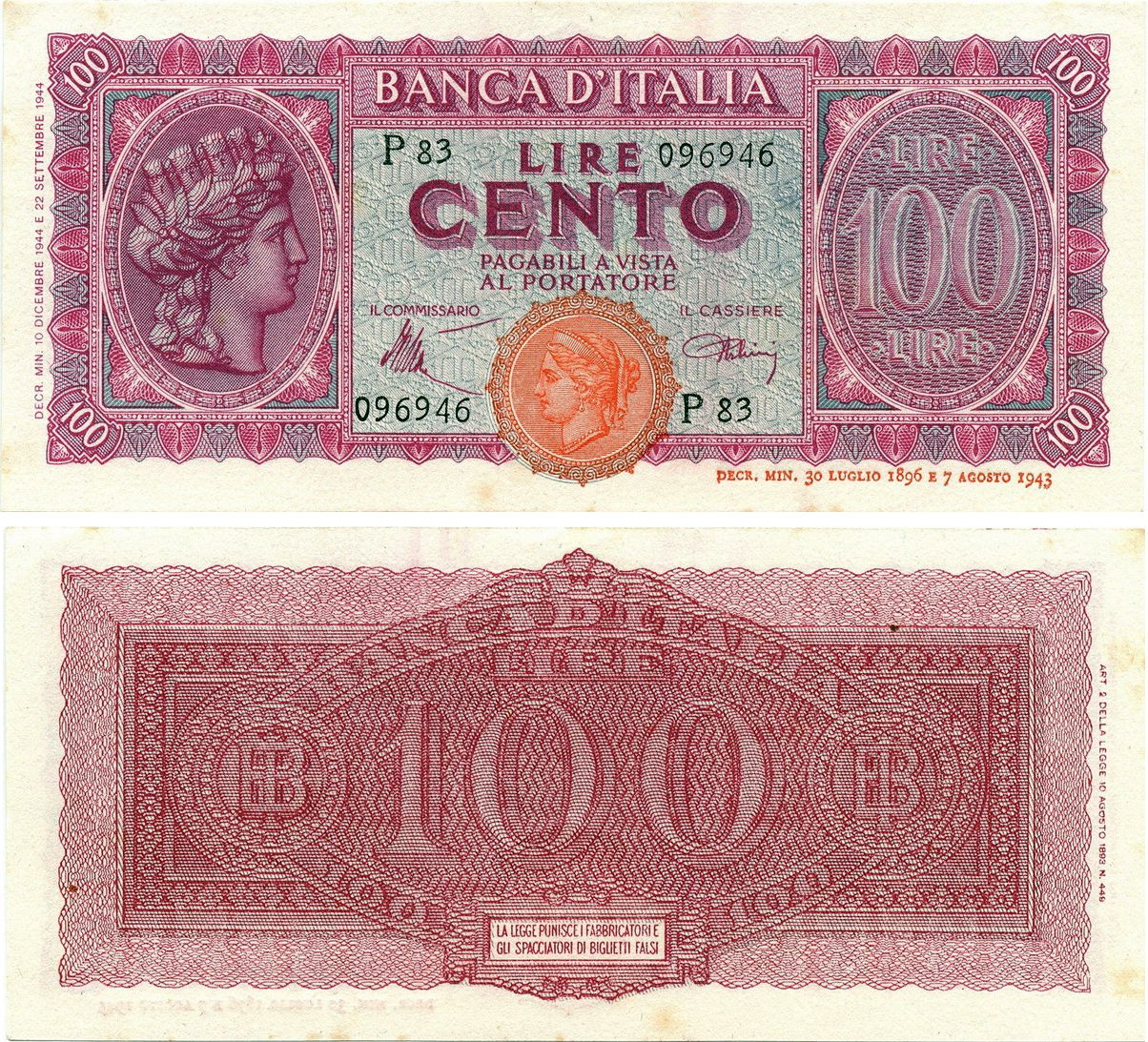 Banconota 100 Lire "Italia Turrita" -  Regno d'Italia - 1944 