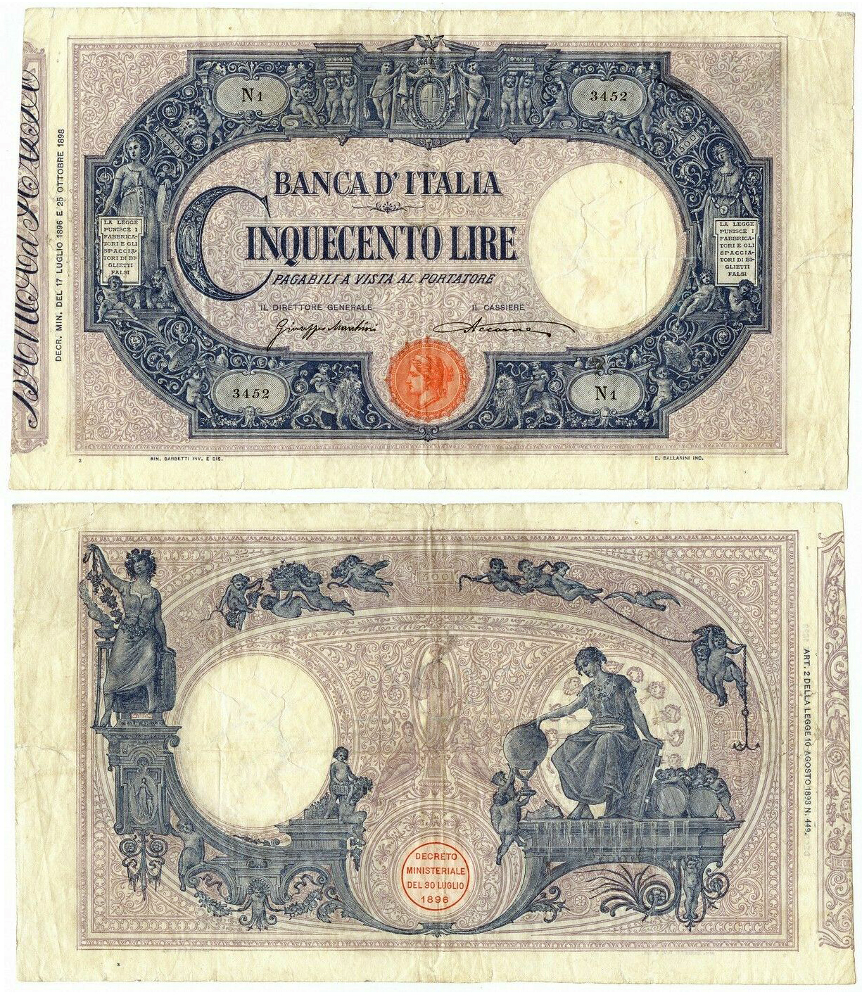 Banconota 500 Lire "Matrice (Decreto) Umberto I" -  Regno d'Italia - 1899 