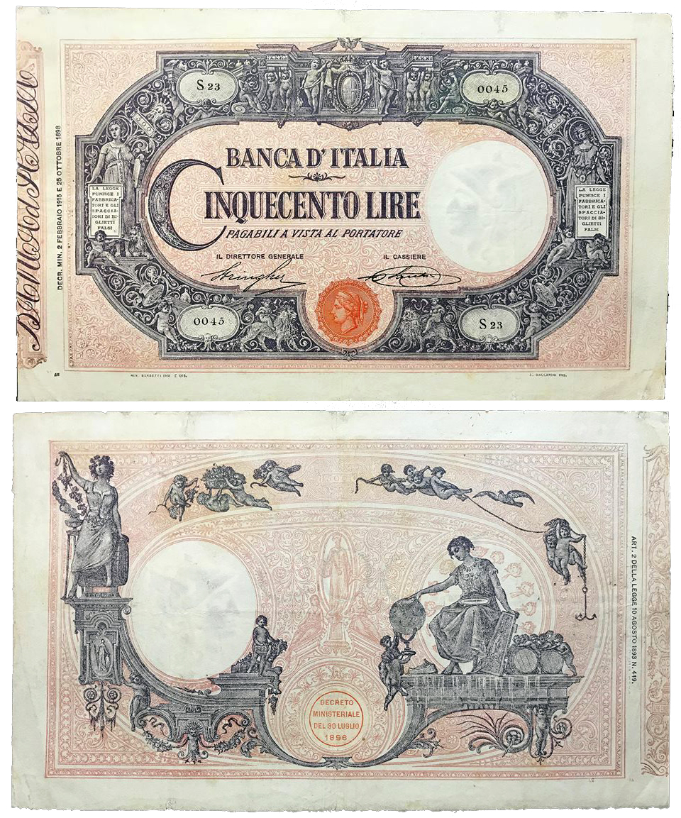 Banconota 500 Lire "Matrice (Decreto)" -  Regno d'Italia - 1915 
