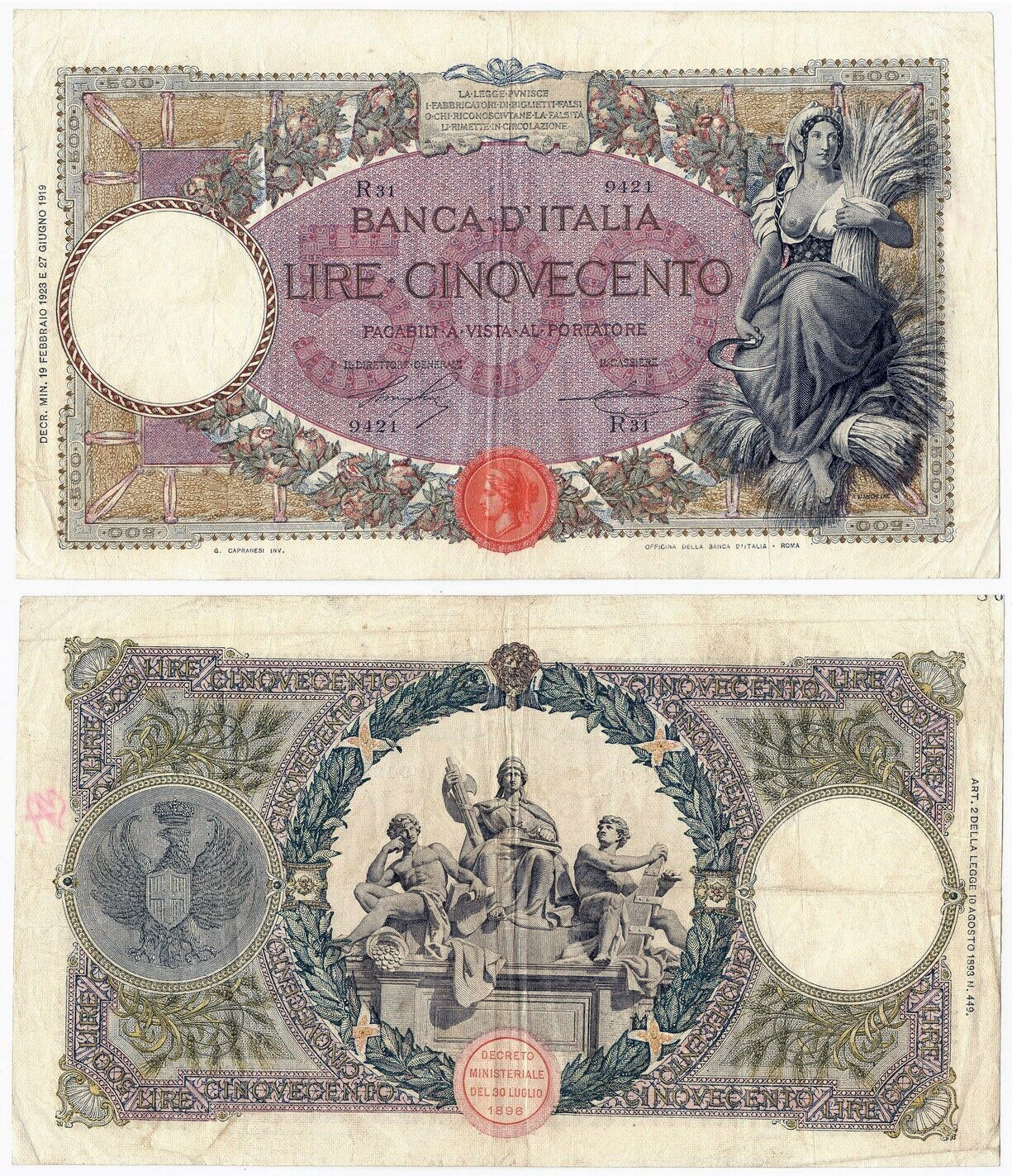 Banconota 500 Lire "Mietitrice (Decreto)" -  Regno d'Italia - 1919 