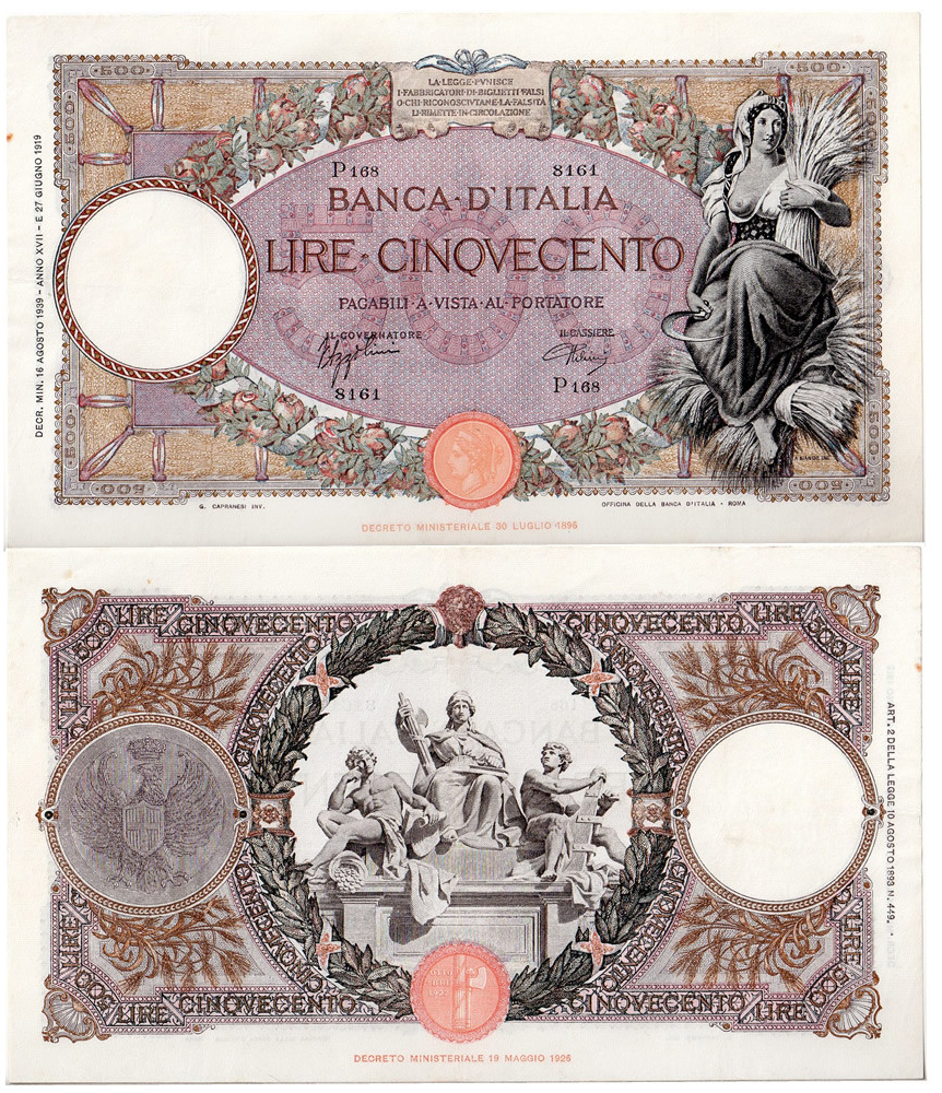 Banconota 500 Lire "Mietitrice (Fascio) Roma" -  Regno d'Italia - 1940 