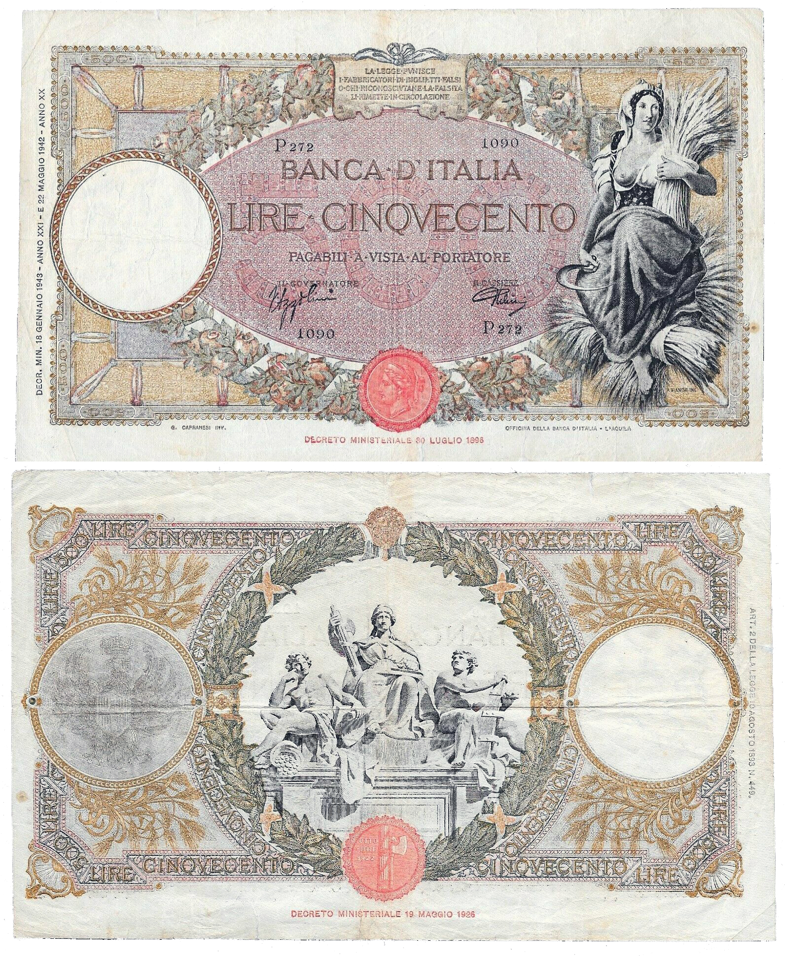 Banconota 500 Lire "Mietitrice (Fascio) L'Aquila" -  Regno d'Italia - 1942 
