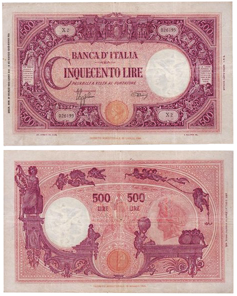 Banconota 500 Lire "Grande "C" (Fascio)" -  Regno d'Italia - 1943 
