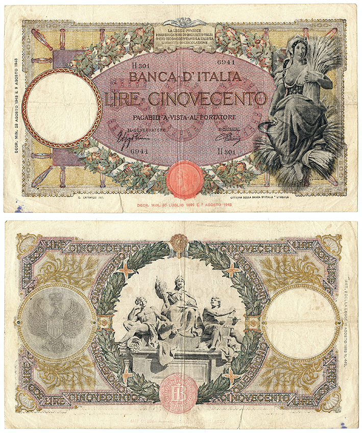 Banconota 500 Lire "Mietitrice (B.I.)" -  Regno d'Italia - 1943 