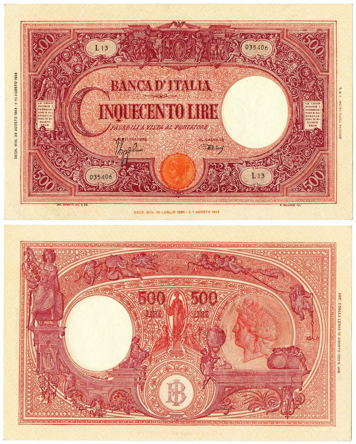 Banconota 500 Lire "Grande "C" (B.I.)" -  Regno d'Italia - 1945 