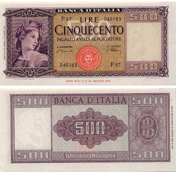 Banconota 500 Lire "Italia" -  Italia - 1961 