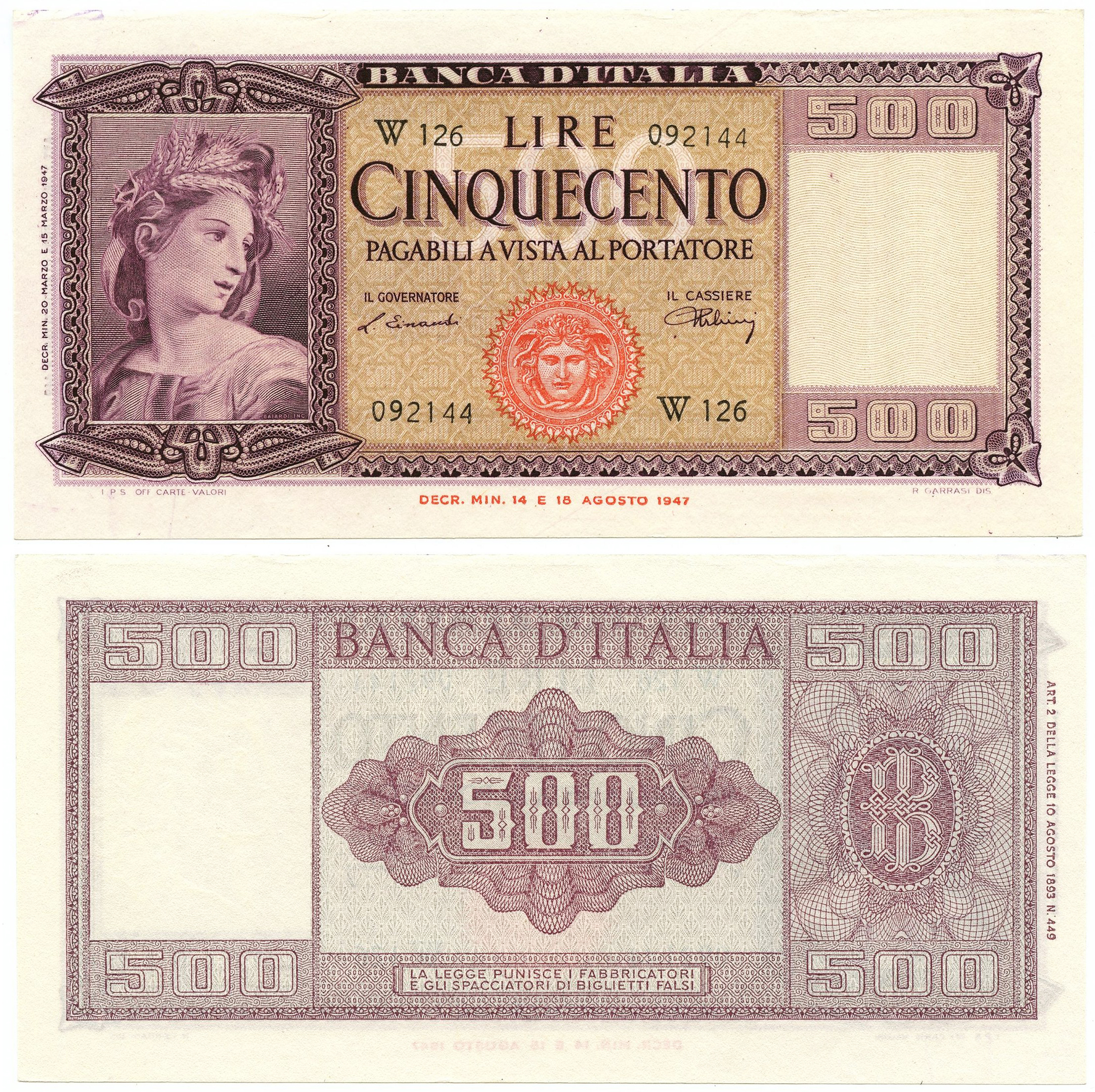 Banconota 500 Lire "Italia - Serie Sostitutiva" -  Italia - 1961 