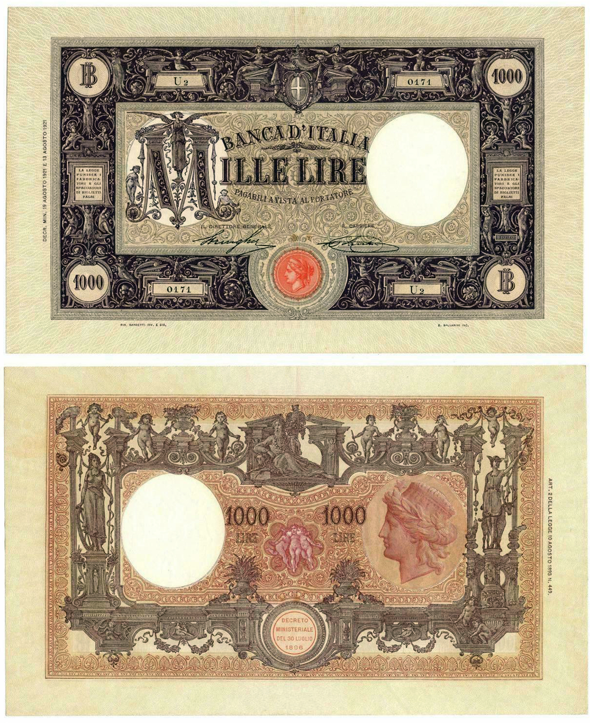 Banconota 1000 Lire "Grande "M" (Decreto)" -  Regno d'Italia - 1921 