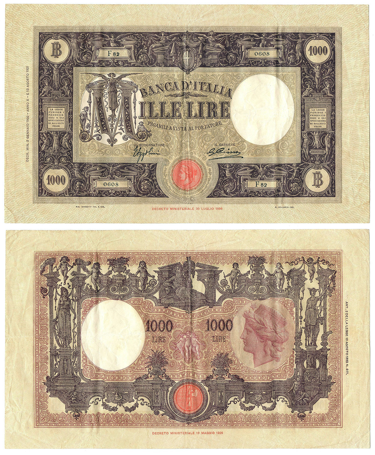 Banconota 1000 Lire "Grande "M" (Fascio) - 1° Tipo" -  Regno d'Italia - 1932 