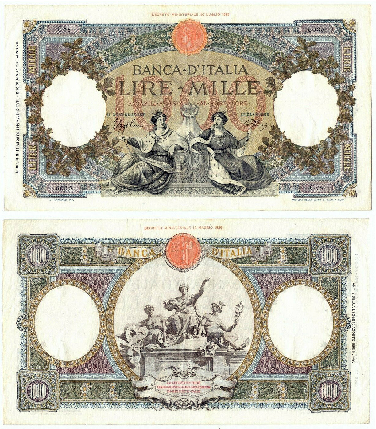 Banconota 1000 Lire "Regine del Mare (Fascio) Roma" -  Regno d'Italia - 1935 
