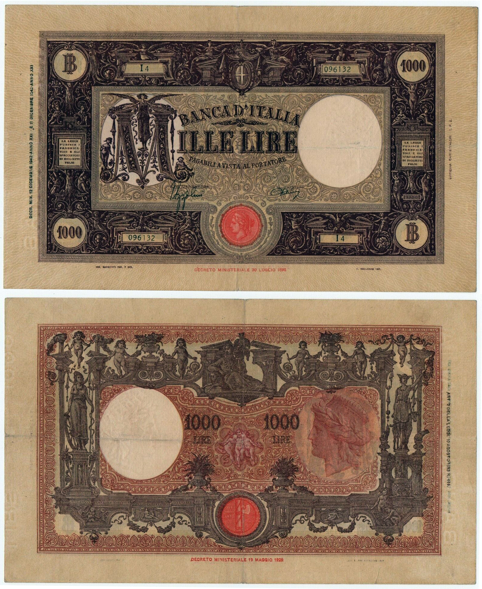 Banconota 1000 Lire "Grande "M" (Fascio) - 2° Tipo" -  Regno d'Italia - 1943 