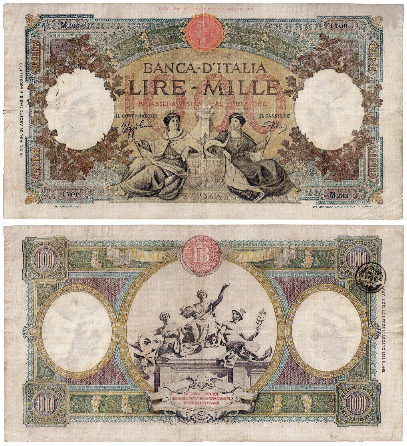 Banconota 1000 Lire "Regine del Mare (B.I.) L'Aquila" -  Regno d'Italia - 1943 