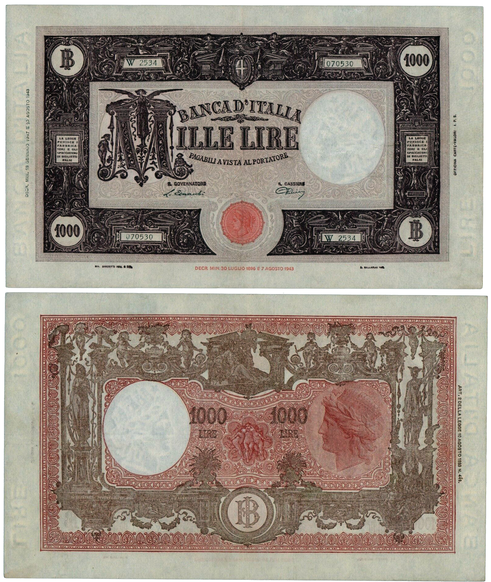 Banconota 1000 Lire "Grande "M" (B.I.)" -  Italia - 1947 