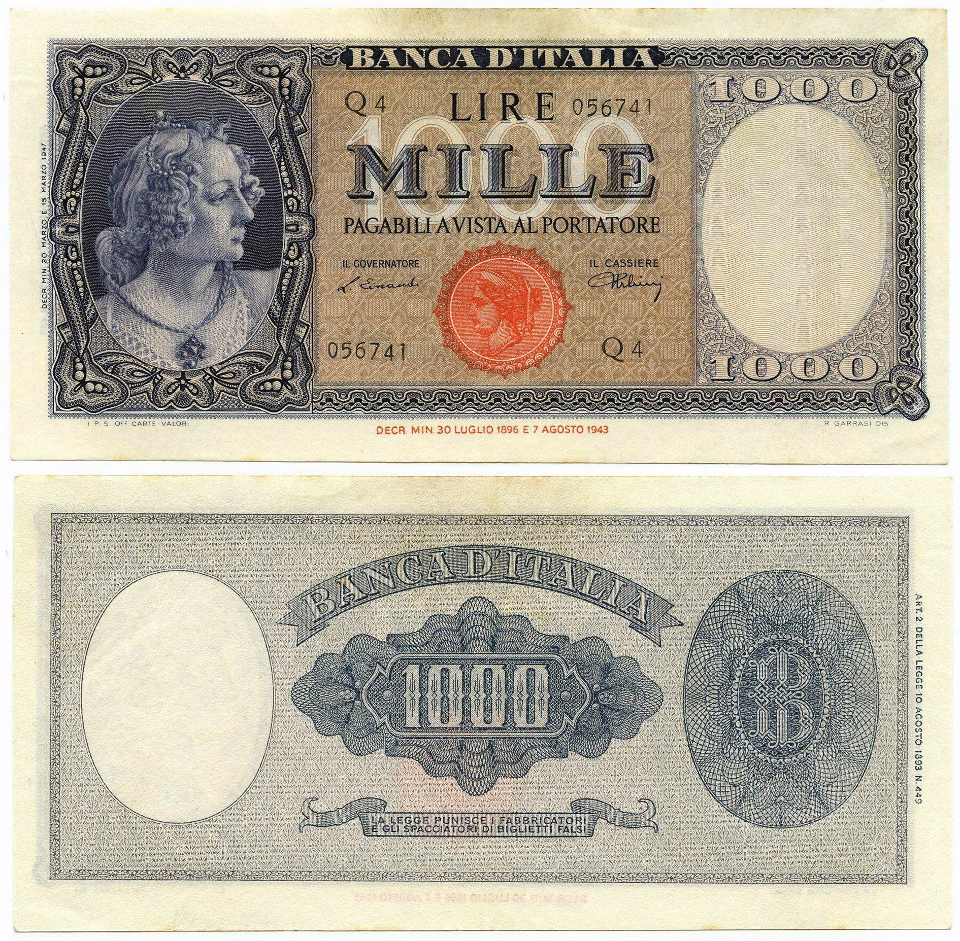 Banconota 1000 Lire "Italia (Testina)" -  Italia - 1947 