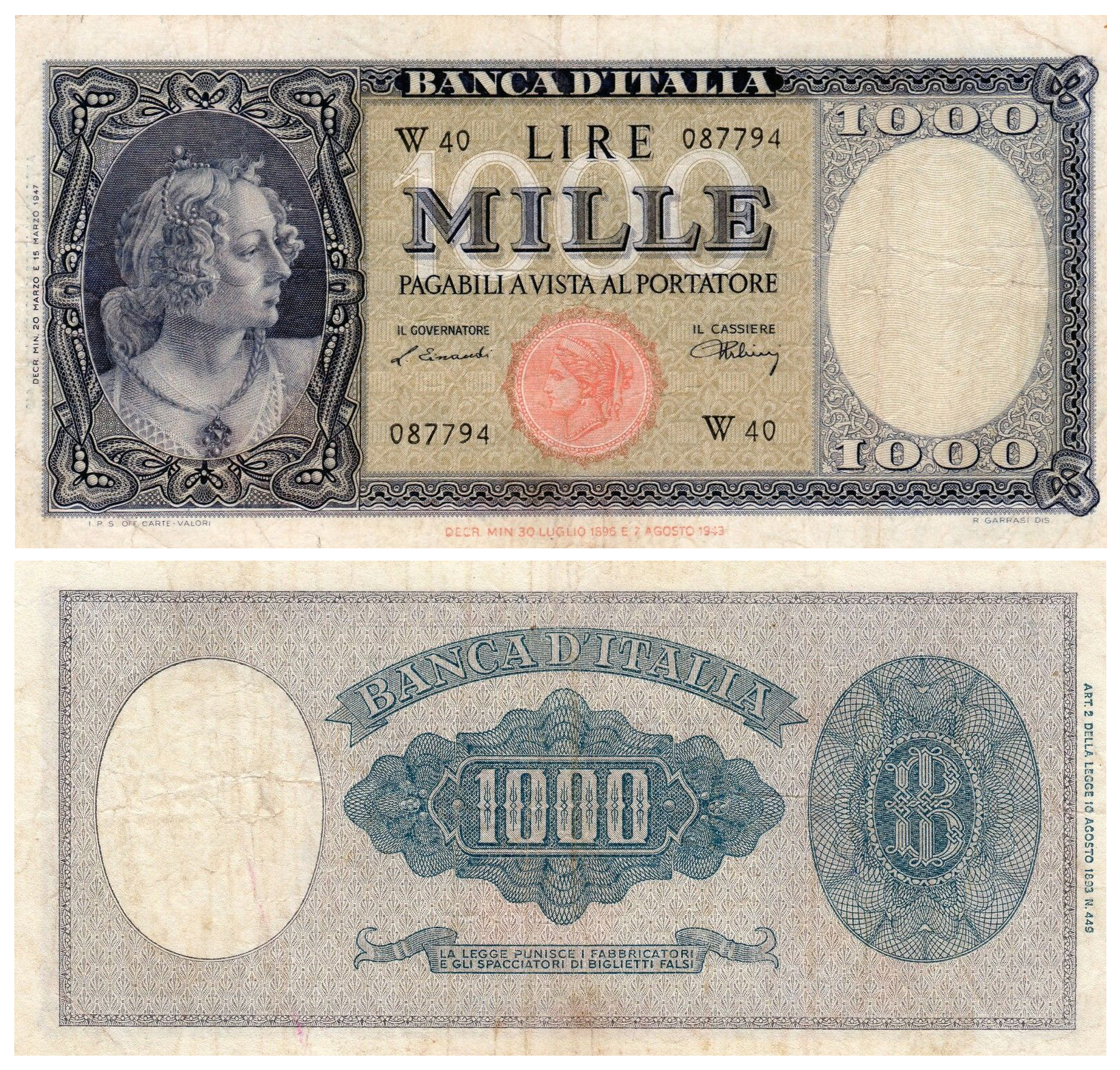 Banconota 1000 Lire "Italia (Testina) - Serie Sostitutiva" -  Italia - 1947 