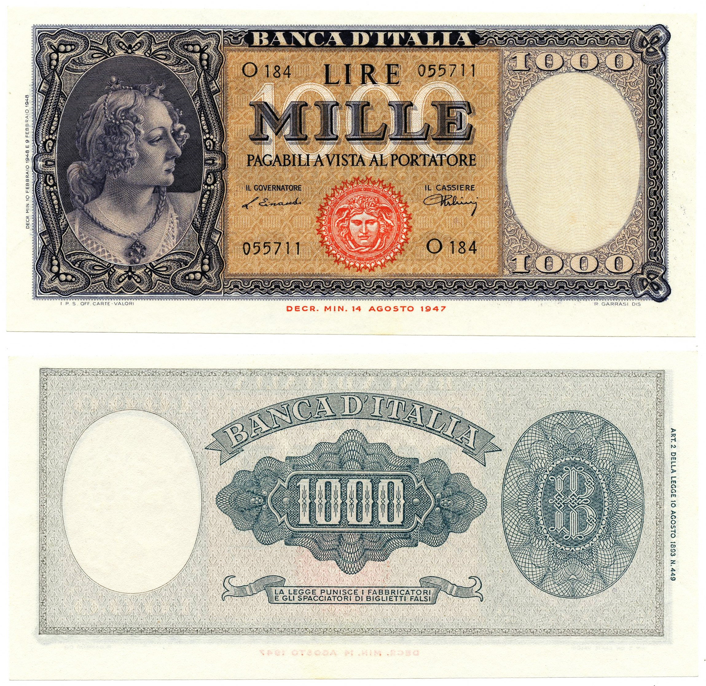 Banconota 1000 Lire "Italia (Medusa)" -  Italia - 1959 