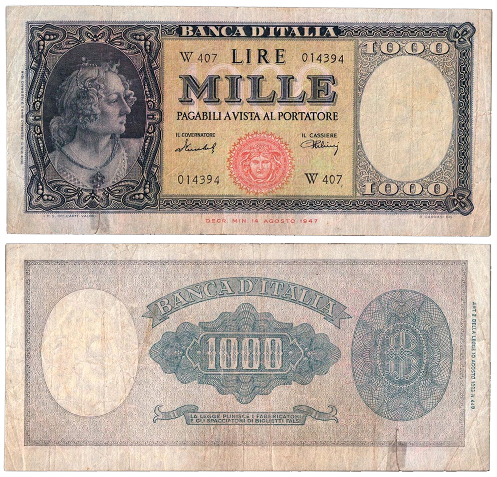 Banconota 1000 Lire "Italia (Medusa) - Serie Sostitutiva" -  Italia - 1947 