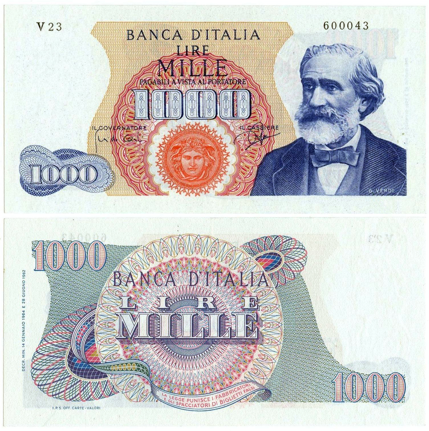 Banconota 1000 Lire "Giuseppe Verdi - 1° Tipo" -  Italia - 1962 