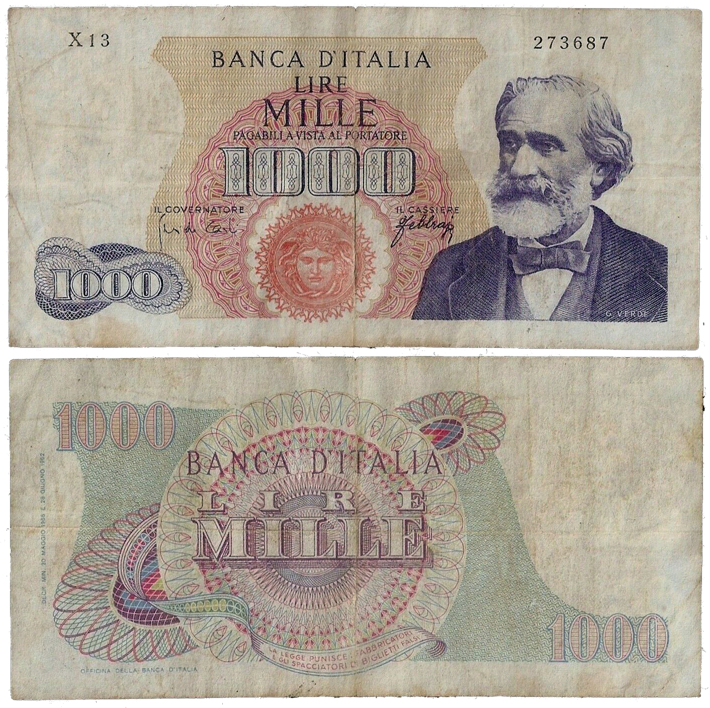 Banconota 1000 Lire "Giuseppe Verdi - 1° Tipo - Serie Sostitutiva" -  Italia - 1965 