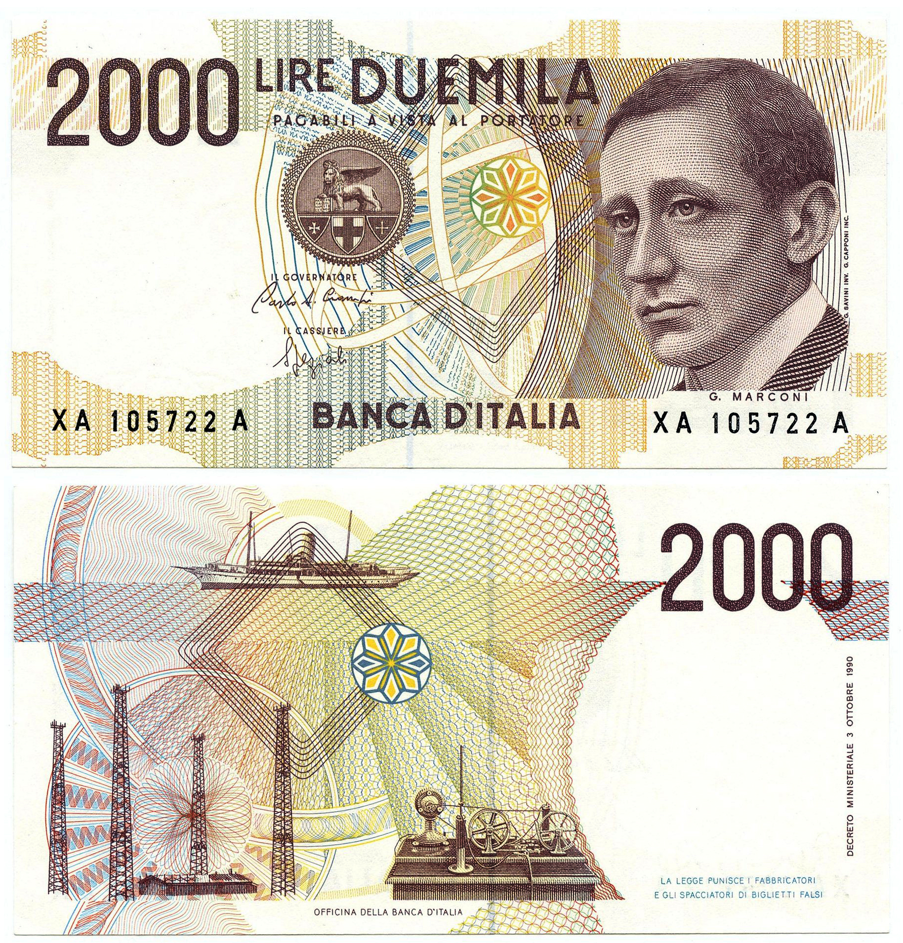Banconota 2000 Lire "Guglielmo Marconi - Serie Sostitutiva" -  Italia - 1992 