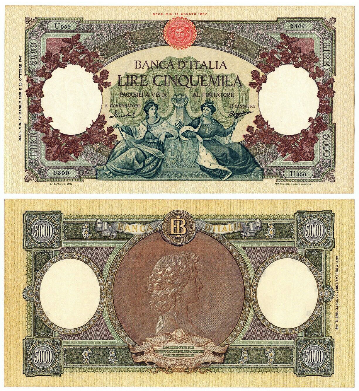 Banconota 5000 Lire "Regine del Mare (Medusa)" -  Italia - 1960 