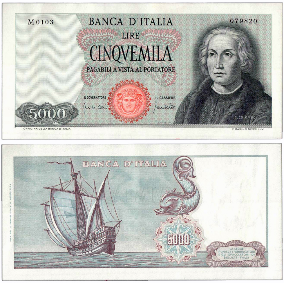 Banconota 5000 Lire "Colombo - 1° Tipo (Carta Bianca)" -  Italia - 1968 