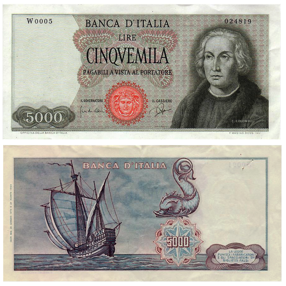 Banconota 5000 Lire "Colombo - 1° Tipo (Carta Bianca) - Serie Sostitutiva" -  Italia - 1968 