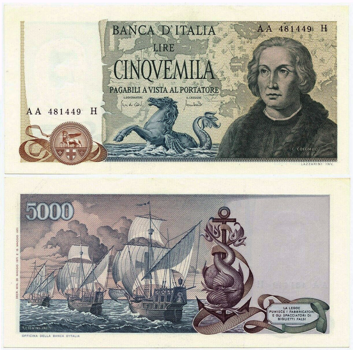 Banconota 5000 Lire "Colombo - 2° Tipo" -  Italia - 1971 