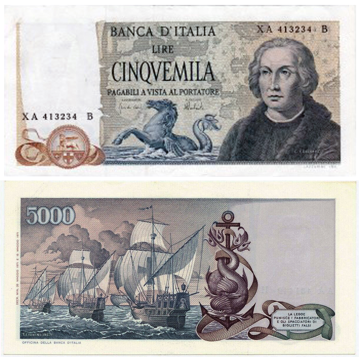 Banconota 5000 Lire "Colombo - 2° Tipo - Serie Sostitutiva" -  Italia - 1977 
