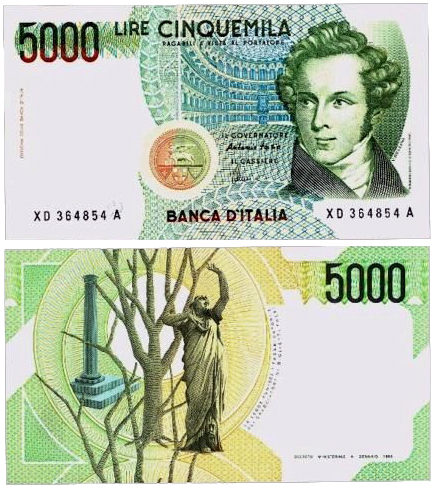 Banconota 5000 Lire "Vincenzo Bellini - Serie Sostitutiva" -  Italia - 1996 