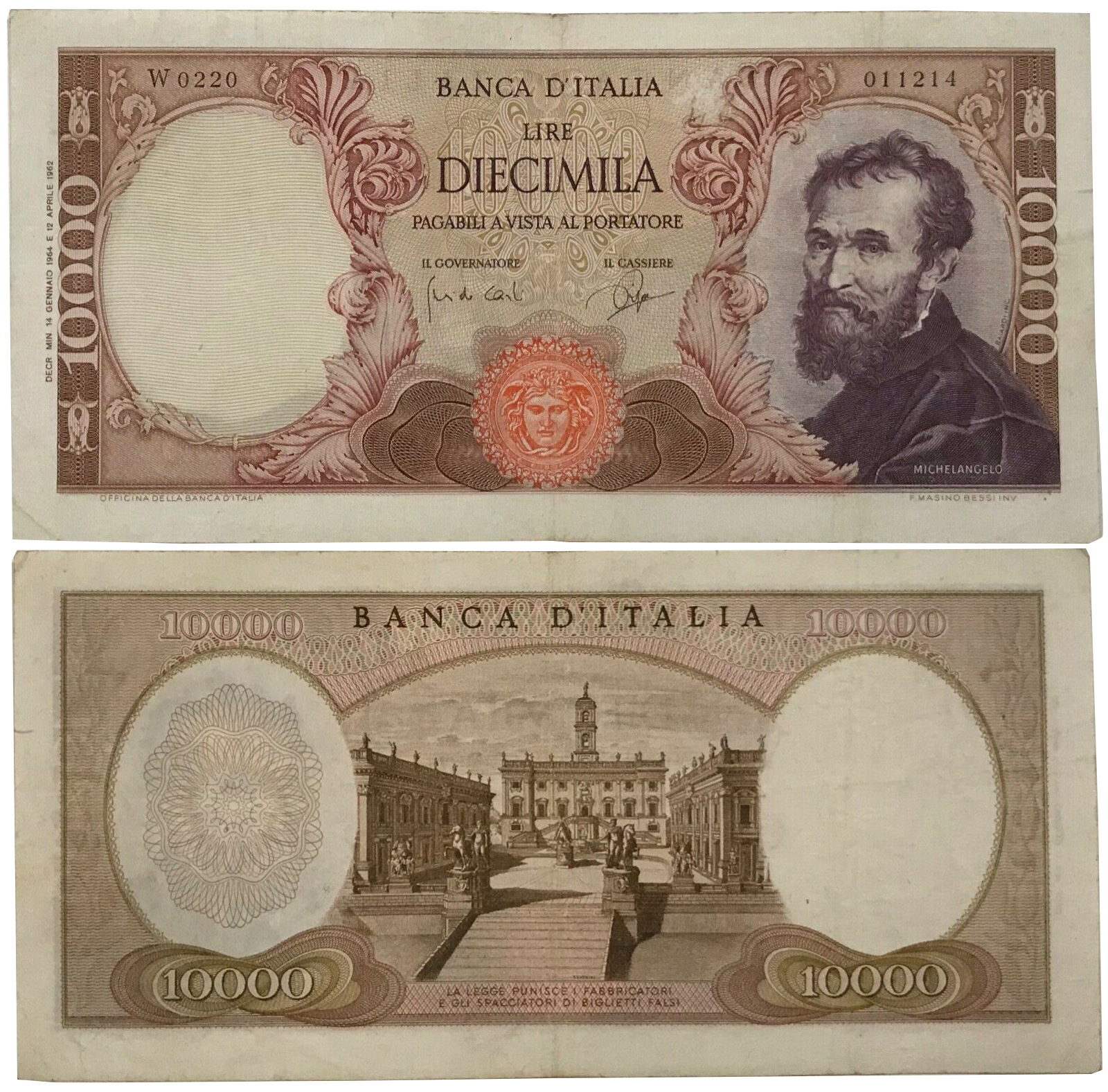 Banconota 10000 Lire "Michelangelo Buonarroti - Serie Sostitutiva" -  Italia - 1966 