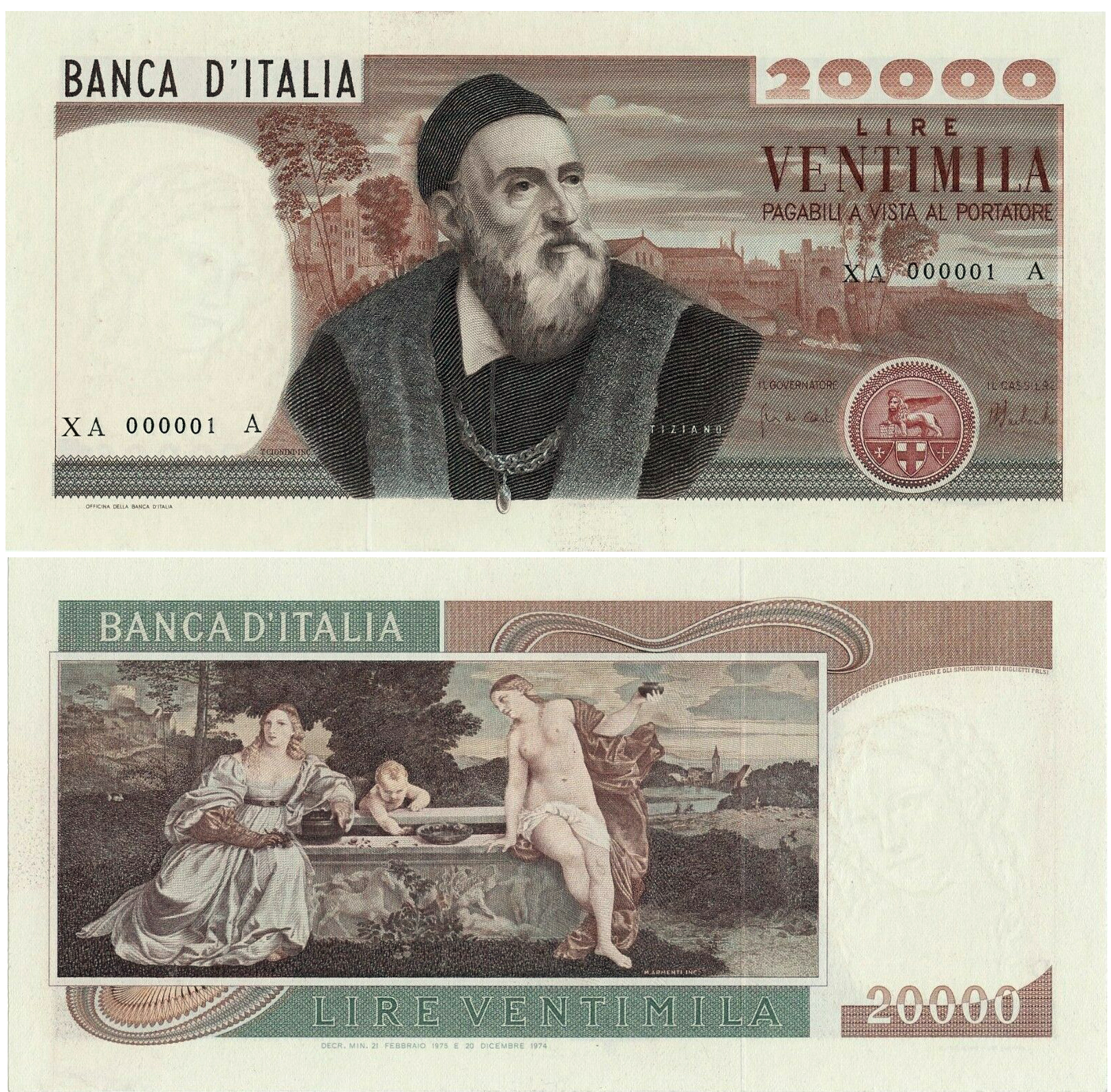 Banconota 20000 Lire "Tiziano - Serie Sostitutiva" -  Italia - 1975 
