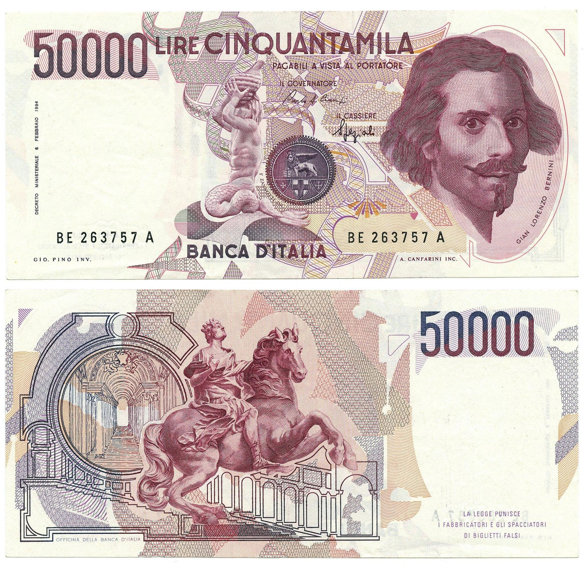 Banconota 50000 Lire "Gian Lorenzo Bernini - 1° Tipo" -  Italia - 1990 