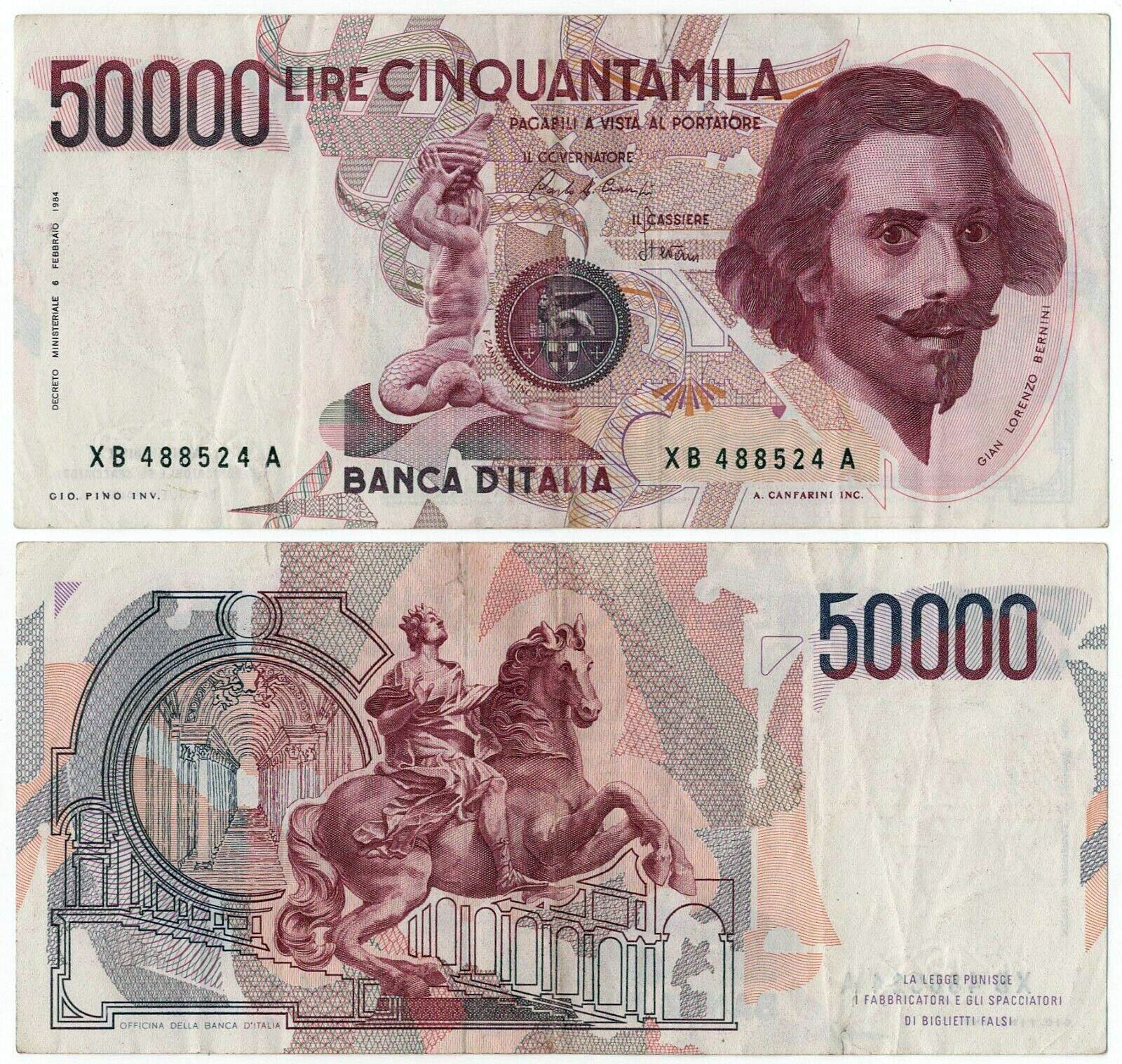 Banconota 50000 Lire "Gian Lorenzo Bernini - 1° Tipo - Serie Sostitutiva" -  Italia - 1992 