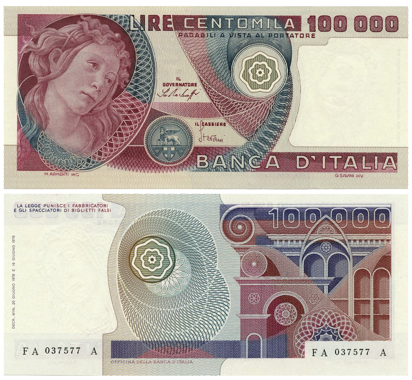 Banconota 100000 Lire "Primavera di Botticelli" -  Italia - 1982 