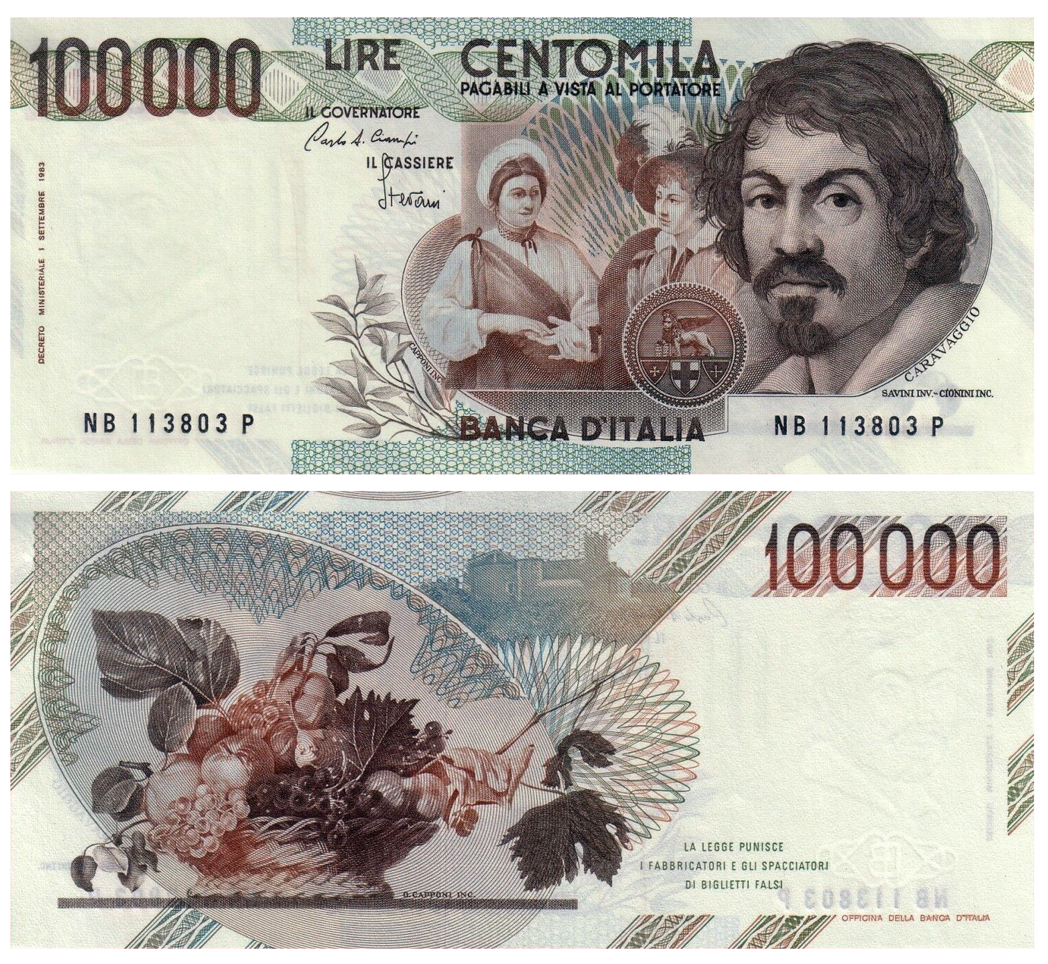 Banconota 100000 Lire "Caravaggio - 1° Tipo" -  Italia - 1992 