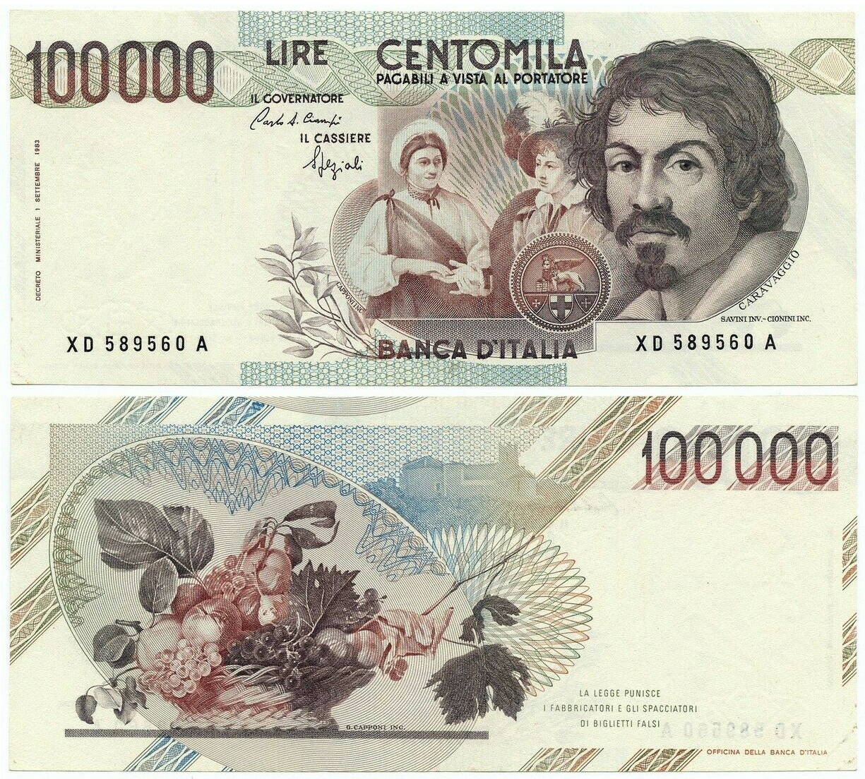 Banconota 100000 Lire "Caravaggio - 1° Tipo - Serie Sostitutiva" -  Italia - 1992 