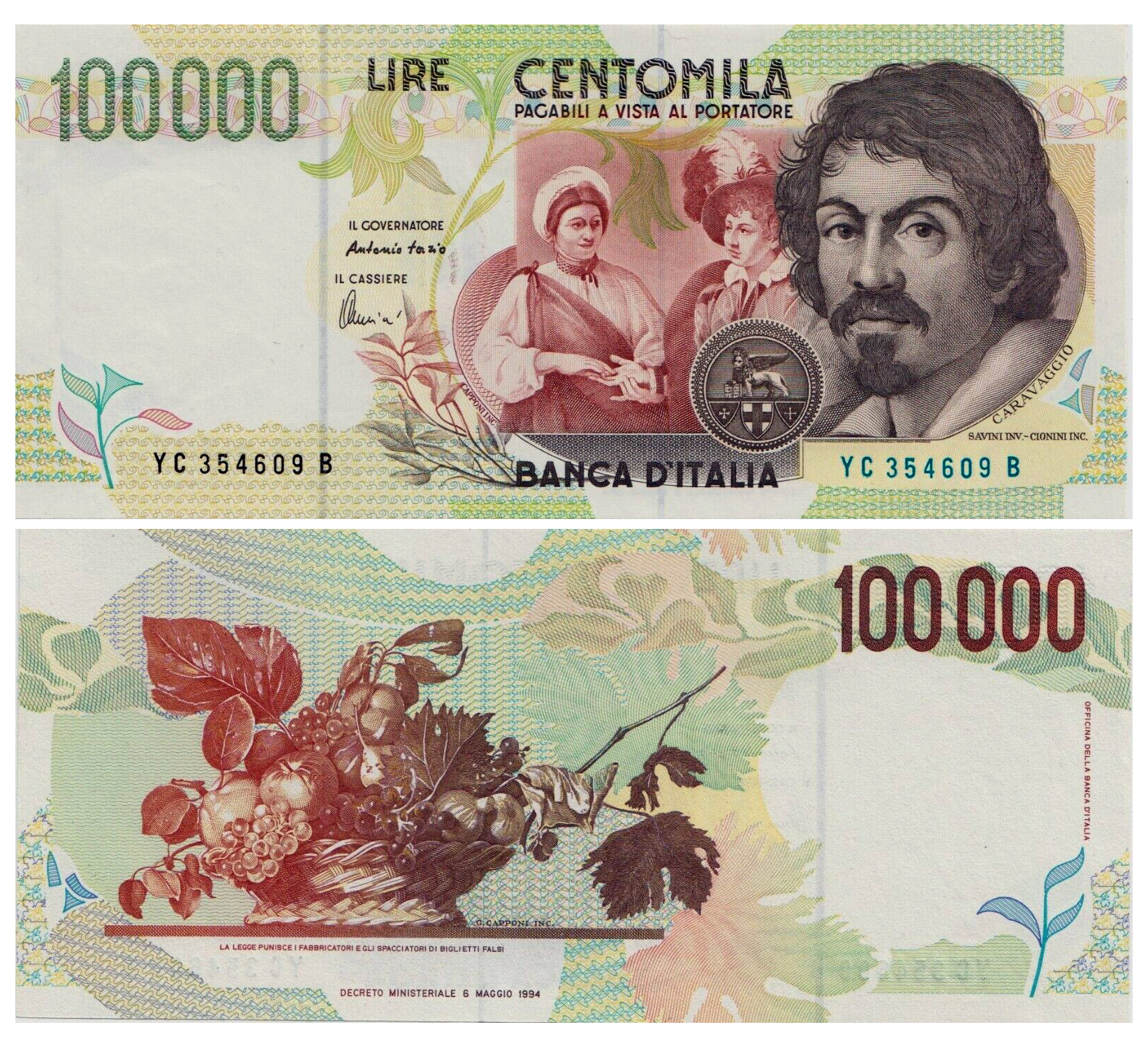 Banconota 100000 Lire "Caravaggio - 2° Tipo" -  Italia - 1998 