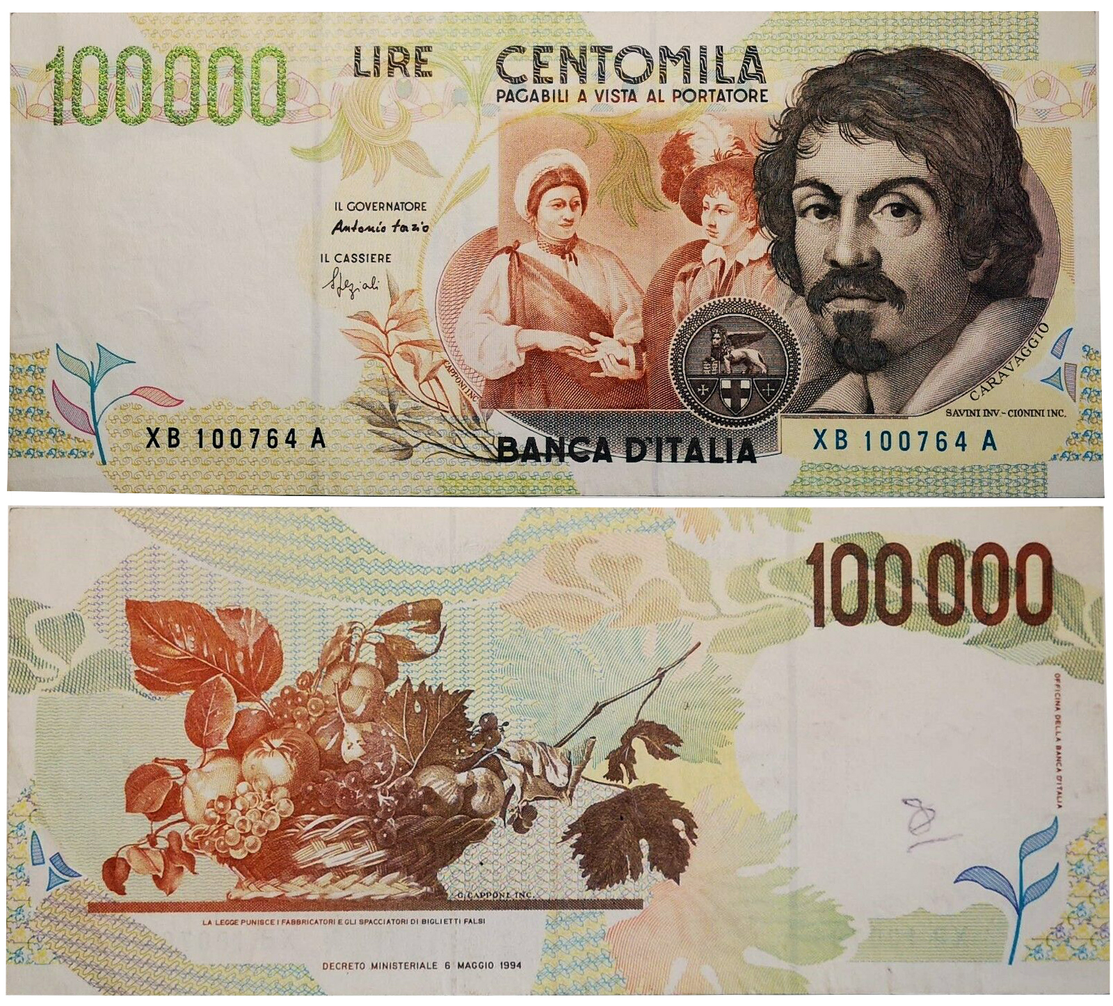 Banconota 100000 Lire "Caravaggio - 2° Tipo - Serie Sostitutiva" -  Italia - 1998 