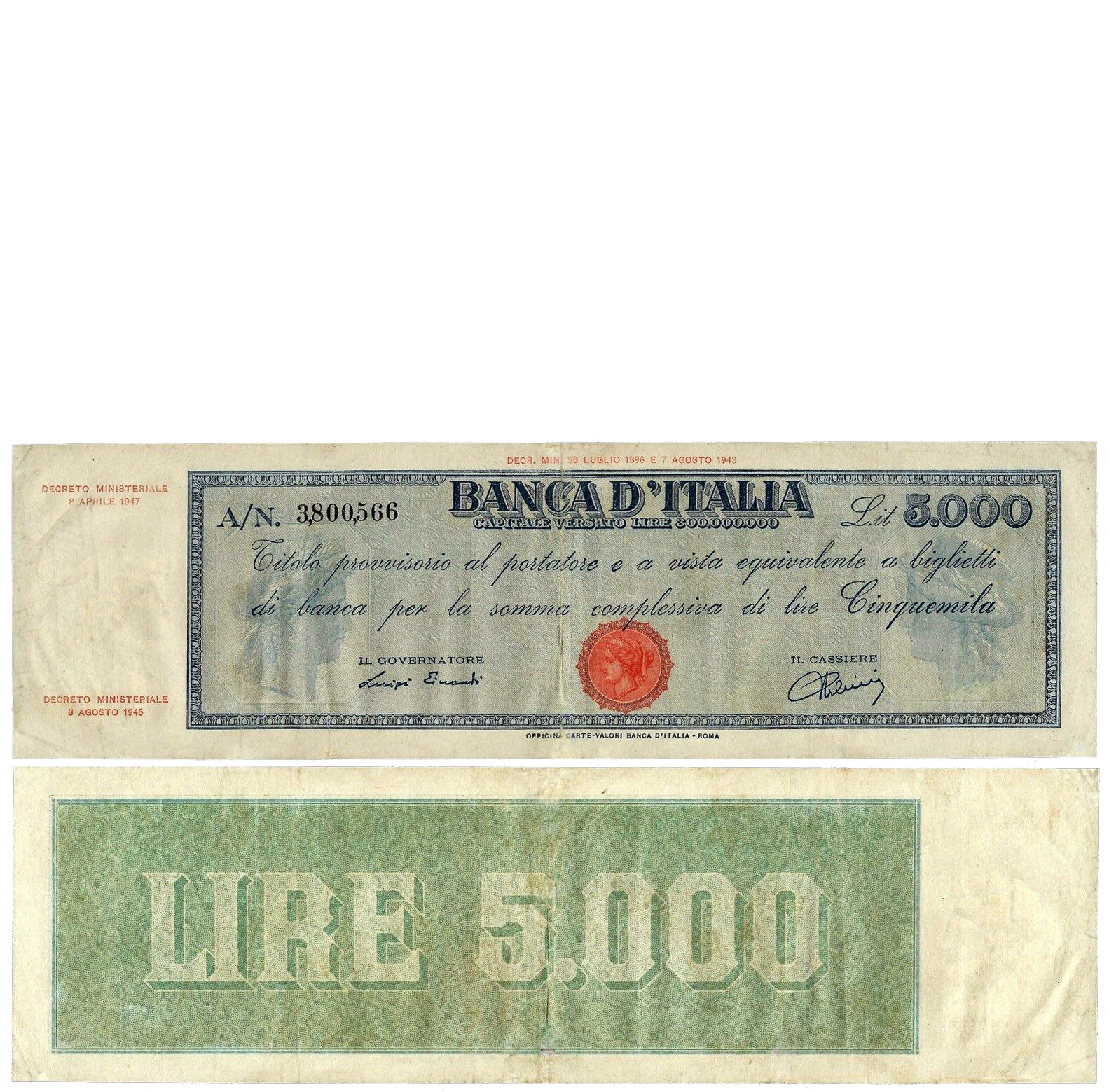 Banconota 5000 Lire "Titolo Provvisorio (Testina)" -  Italia - 1947 