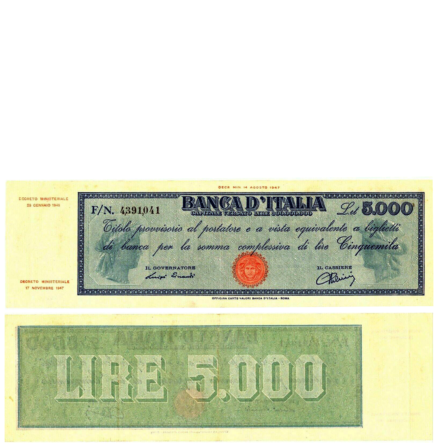 Banconota 5000 Lire "Titolo Provvisorio (Medusa)" -  Italia - 1947 