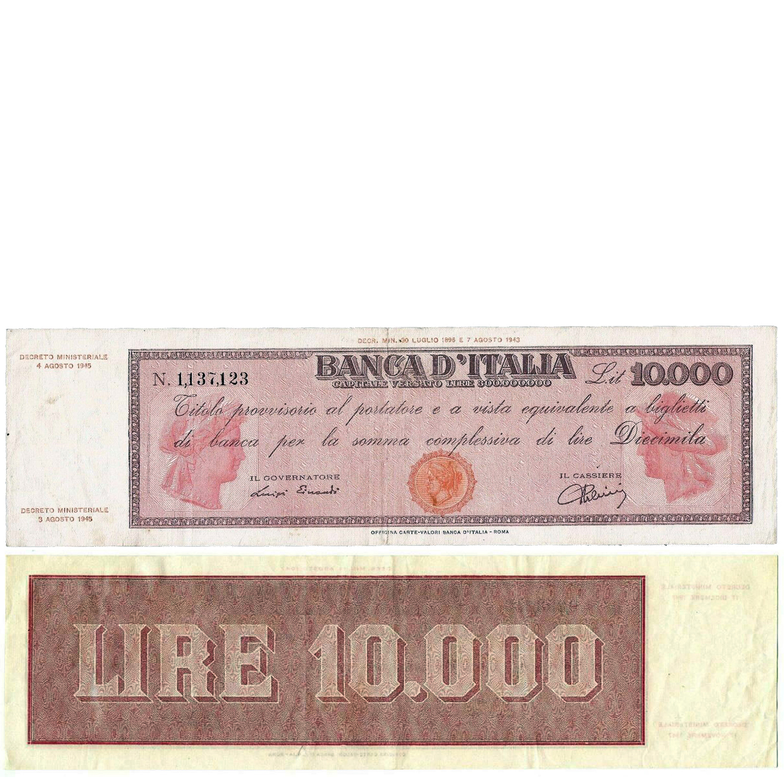 Banconota 10000 Lire "Titolo Provvisorio (Testina)" -  Regno d'Italia - 1945 