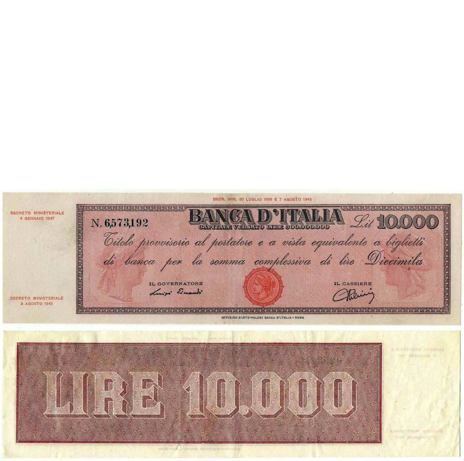 Banconota 10000 Lire "Titolo Provvisorio (Testina)" -  Italia - 1947 